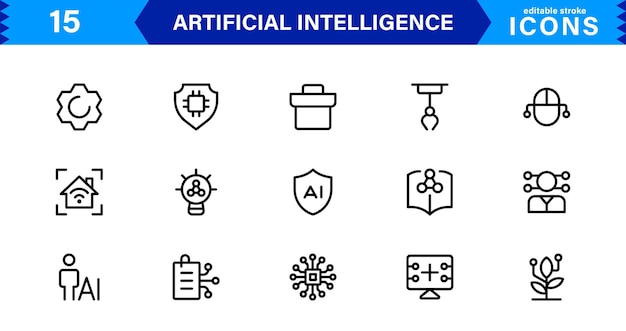 AI Icon Set Featuring Machine Learning Neural Networks Robots Automation and Data Analysis