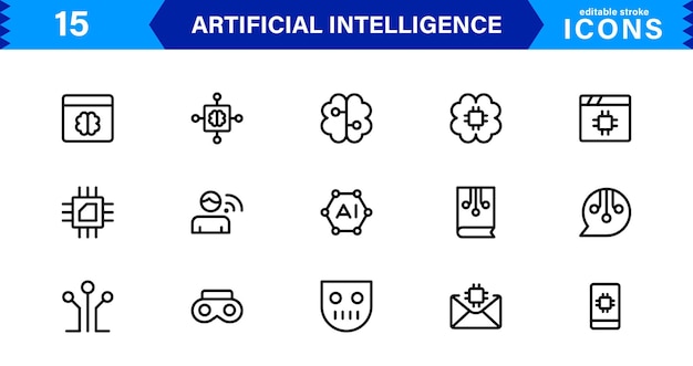 AI Icon Set Featuring Machine Learning Neural Networks Robots Automation and Data Analysis