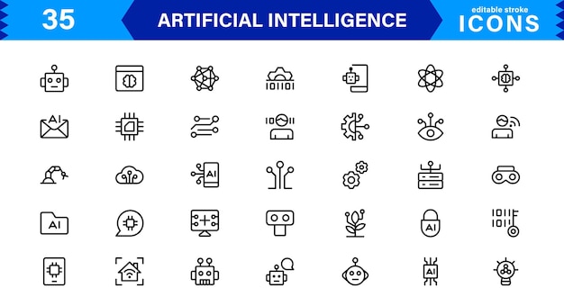 AI Icon Set Featuring Machine Learning Neural Networks Robots Automation and Data Analysis
