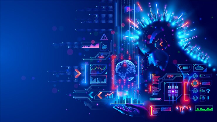 Vector ai en imagen robot mujer sostiene teléfono en la mano ciudad inteligente en pantalla teléfono móvil comunicación con internet global e iot inteligencia artificial procesamiento de grandes datos y computación en la nube
