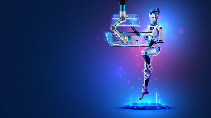 Vector ai in image robot woman working with futuristic interface on transparent computer touch screen artificial intelligence analyst data on display of computer female cyborg artificial neural networks