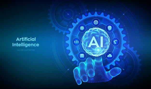 AI Inteligencia Artificial Concepto de Aprendizaje Automático Grandes datos Redes neuronales Onda de cuadrícula de esfera Interfaz digital de toque de mano con engranajes conectados engranajos e iconos Ilustración vectorial
