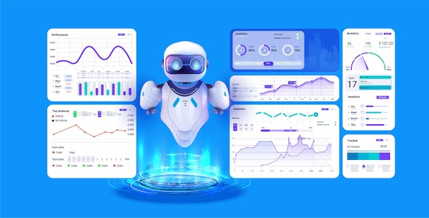 AI Inteligencia artificial en finanzas Fintech Tecnología de marketing de datos Informe de datos de negocios Análisis de datos impulsado por robots Tablero de instrumentos Ilustración plana vectorial