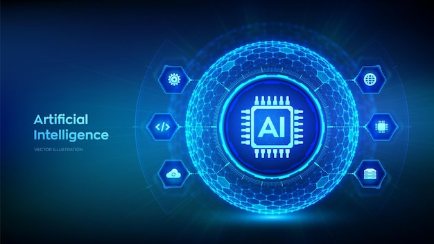 AI Inteligencia artificial en forma de esfera con patrón de cuadrícula hexagonal Concepto de aprendizaje automático Tecnología de innovación de Big Data Redes neuronales AI y tecnología virtual Ilustración vectorial