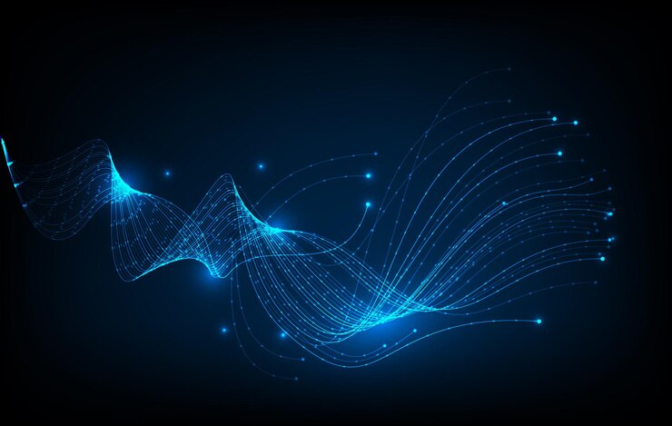 Vector ai inteligencia artificial líneas de onda vector de red neuronal en concepto de tecnología luces de fibra óptica fondo abstracto