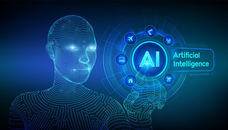 Vector ai. inteligencia artificial. wireframed hembra cyborg mano tocando la interfaz gráfica digital.
