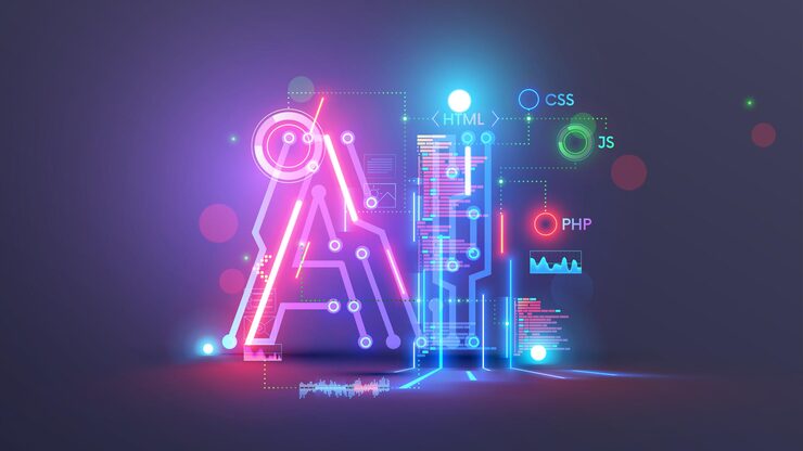 AI logo Abstract technology conceptual background with AI letters AI text consist at pcb electronic signals text of code programs computer languages Artificial intelligence programming coding