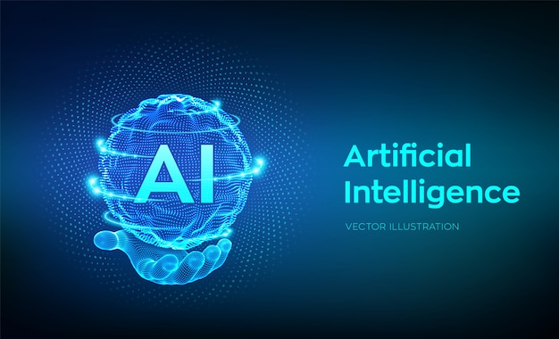 Vector ai. logotipo de inteligencia artificial en mano. onda de rejilla de esfera con código binario.