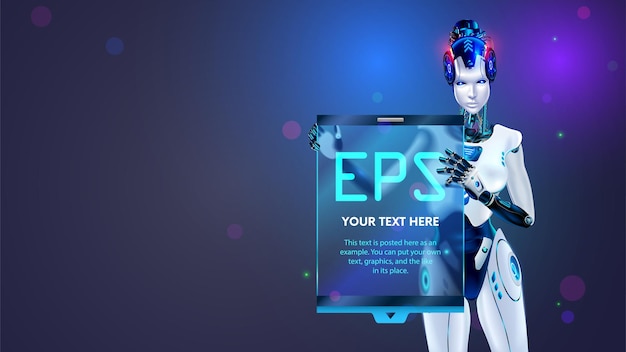 AI or artificial intelligence in the form of a humanoid female robot holds an empty poster or screen template in its hands Vector AI bot presents business report Robot Speaker presentation about AI