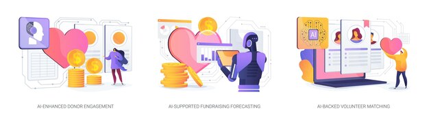 Ai para organizaciones sin fines de lucro concepto abstracto conjunto de ilustraciones vectoriales aumento de la participación de los donantes