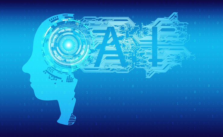 Vector ai robot de procesamiento de codificación binaria sobre fondo azul con placa de circuito y círculo techvector ilustración
