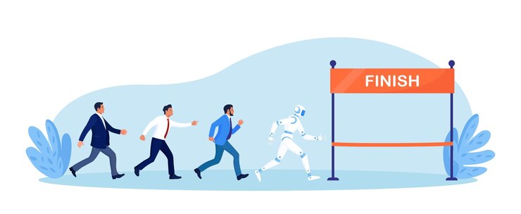 Vector ai robot vs hombre competencia empresarial competencia de empleados robóticos con humanos inteligencia artificial y personas compitiendo juntos automatización futura máquina robótica y trabajador