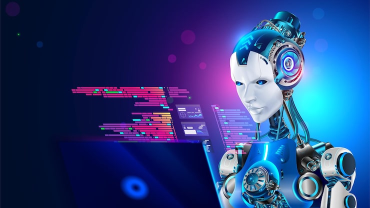 Vector ai robot work on laptop robot software developer or programmer coding on laptop ai chat bot writing code of programs in image mechanical robot artificial intelligence of software development