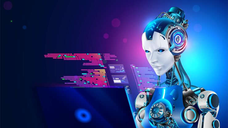 Vector ai robot work on laptop robot software developer or programmer coding on laptop ai chat bot writing code of programs in image mechanical robot artificial intelligence of software development