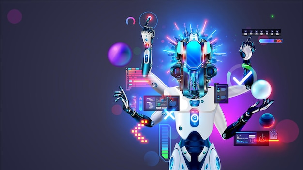AI robot works with computer interface Bot with artificial intelligence Robot with four arms performs many tasks AI neural network analysis data works on HUD 3d character robot or cyborg with AI