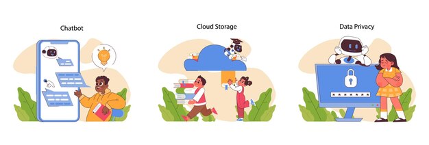 Ai en la serie de educación estudiante interactúa con un chatbot almacenamiento en nube seguro para recursos académicos