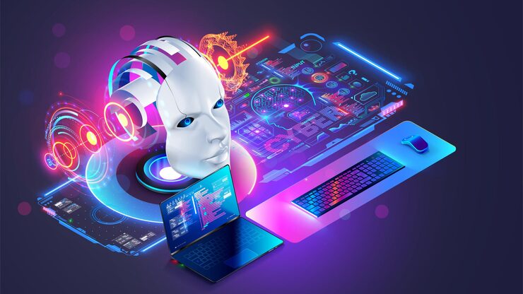 Vector ai software development concept artificial intelligence in image robot head on desk of engineer programming learning artificial neural networks futuristic computer interface of configurations ai