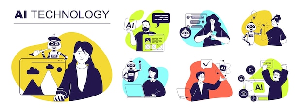 AI technology concept set for web design Collection with people using artificial intelligence virtual assistant for image or text generation online data analysis doing tasks Vector illustration