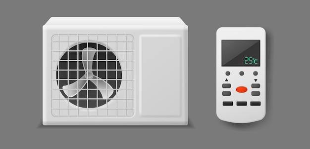 Vector aire acondicionado. acondicionador blanco realista con mando a distancia, aire frío o caliente. flujo de aire fresco en el apartamento, sistema de ventilación interior mantenimiento del clima vectorial concepto aislado 3d