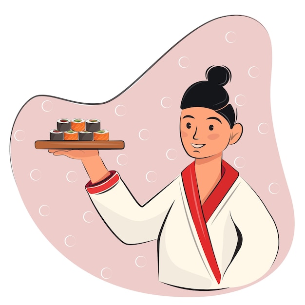 Aislado en blanco vector plano dibujos animados sushi chef japón comida entrega personaje ilustración niño gente icono hombre retrato avatar cabeza cara asiática usuario para sitios web y aplicaciones diseño de stock