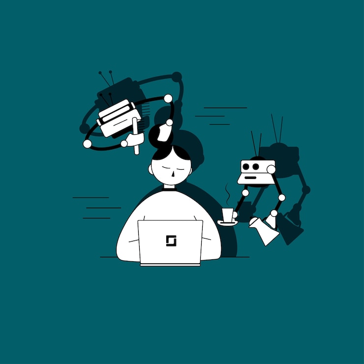 Vector aislado una chica ocupada con una computadora portátil dos robots le sirven en el fondo verde vector ilustración plana