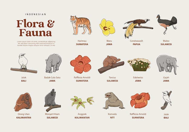 Aislado dibujado a mano varias ilustraciones de flora y fauna de indonesia  | Vector Premium