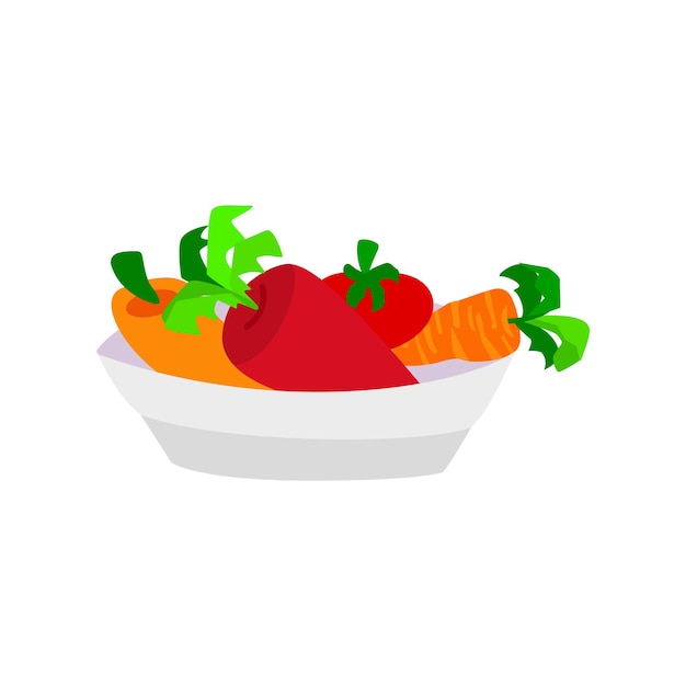 Aislado en un fondo blanco, una ilustración vectorial de una ensalada Ensaladera al estilo de un tazón plano