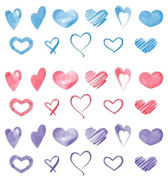 Aislado sobre fondo blanco rosa azul violeta corazones Conjunto de corazones de acuarela para pegatinas