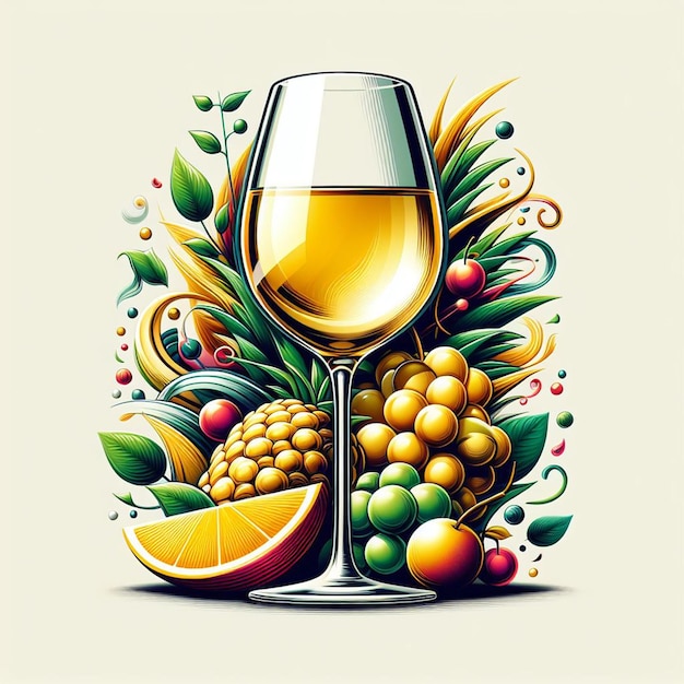 Vector aislado vidrio moderno uvas frescas frutales y deliciosas vino blanco dibujo de icona de ilustración vectorial