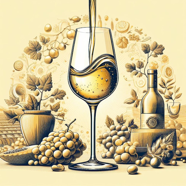 Vector aislado vidrio moderno uvas frescas frutales y deliciosas vino blanco dibujo de icona de ilustración vectorial