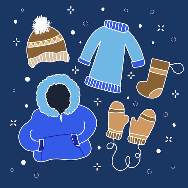Aislamiento de ropa de invierno azul y marrón sobre fondo azul marino Elementos de ropa de invierno Doodle