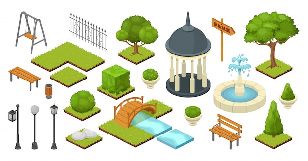 Ajardine los elementos al aire libre de la naturaleza del jardín en la ilustración isométrica del parque aislada en blanco. Conjunto de jardinería de verano