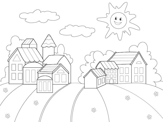 Ajardine un pueblo de casas y campos Página vectorial para niños imprimibles para colorear libro