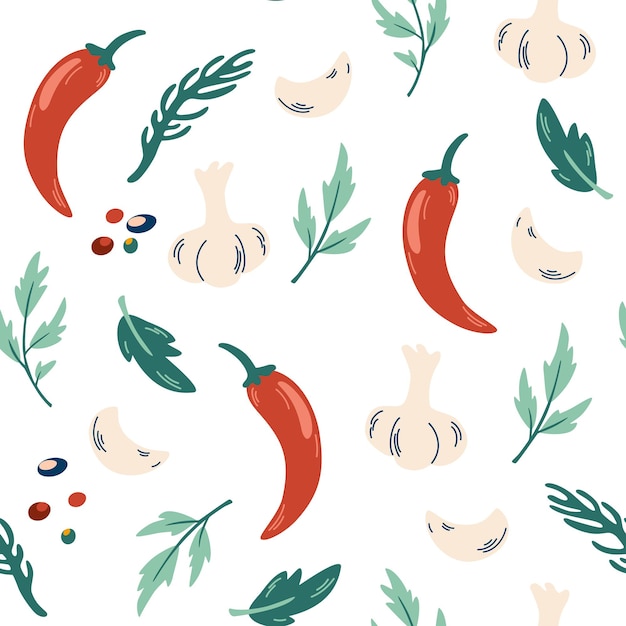 Ají y ajo, hierbas, patrones sin fisuras. comida vegetariana. comida sana. productos naturales. para menú, restaurante, tela, textil, ropa, papel, scrapbooking. dibujar a mano ilustración vectorial.