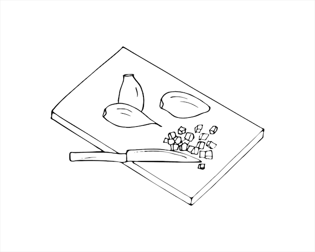 ajo picado dibujado a mano en una tabla de cortar y una ilustración de vector de cuchillo sobre fondo blanco