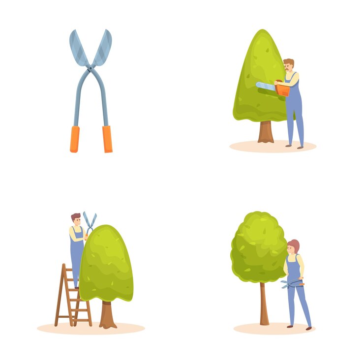 Vector el ajuste de los iconos de trabajo establece el vector de dibujos animados jardiner profesional con varias herramientas