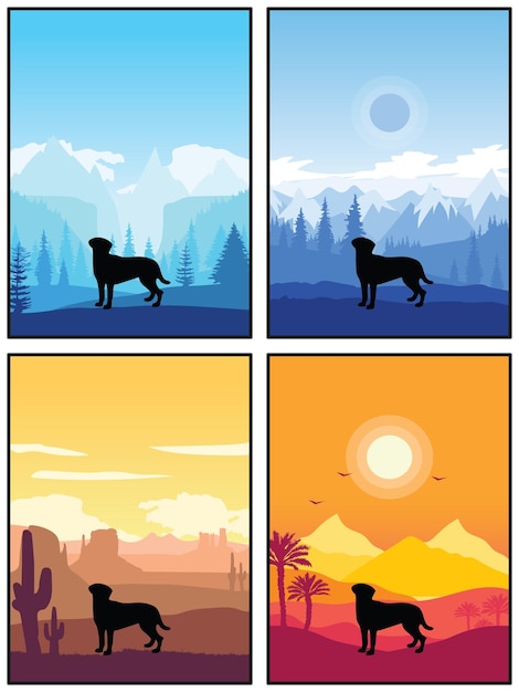 Vector akbash raza de perro silueta puesta de sol bosque naturaleza fondo 4 carteles pegatinas tarjetas