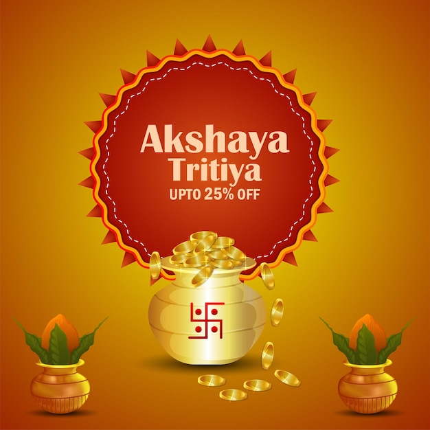 Akshaya tritiya festival indio de promoción de venta de joyas con olla de monedas de oro y kalash tradicional