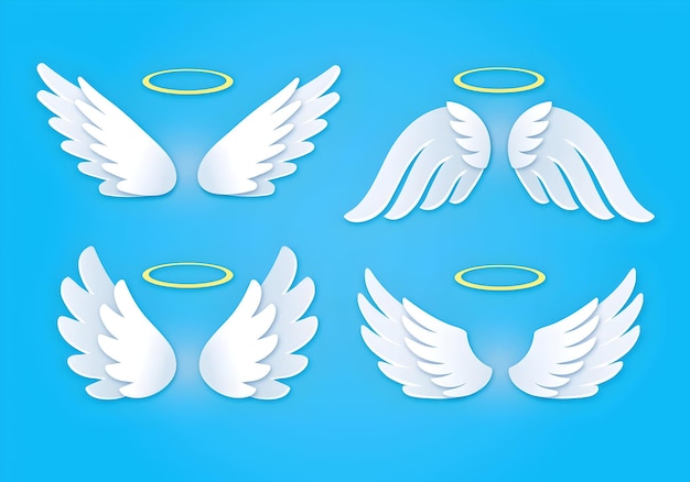 Alas de ángel blancas con halo sobre un fondo azul