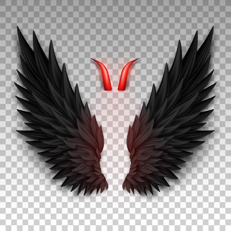 Vector alas de ángel blanco 3d con nimbus dorado, halo y alas de demonio negro con cuernos de demonio rojo