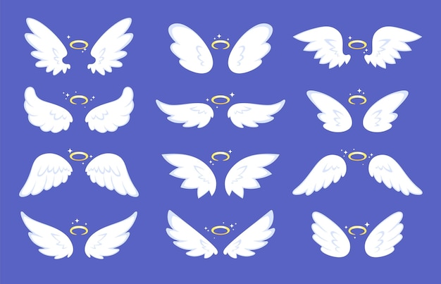 Vector alas de ángel de dibujos animados ala de dibujo con halo linda colección alada brillante ángeles o pájaros elementos voladores sagrados conjunto de vector de nimbus abstracto racy