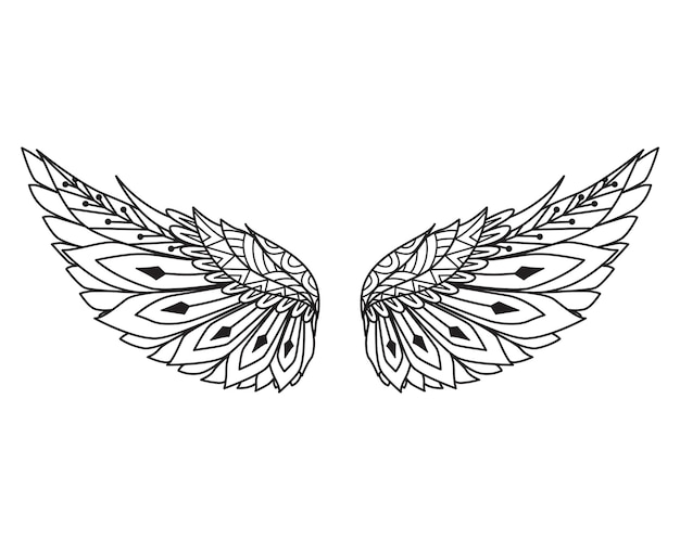 Alas de ángel Mandala para elemento de diseño, grabado, corte de papel, impresión o libro para colorear. Ilustración vectorial.