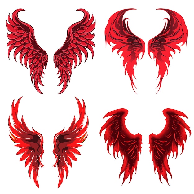 Alas angelicales rojas de fuego aisladas sobre un fondo blanco.