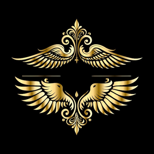 Las alas doradas celestiales marcos elegantes con íconos antiguos de ángeles Cupido y pájaros