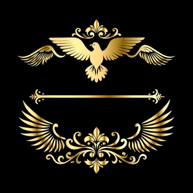 Las alas doradas celestiales marcos elegantes con íconos antiguos de ángeles Cupido y pájaros