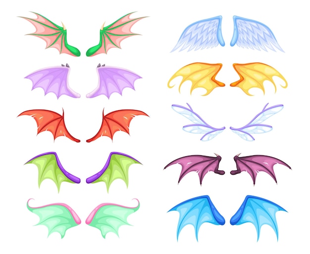 Vector alas de dragón diferentes criaturas de mitos y fábulas emparejan alas voladoras hada y dragón ángel y demonio murciélagos y pájaros colorida decoración mágica colección vector dibujos animados conjunto aislado