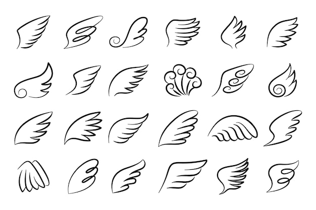 Alas Esquema mano ahogar emblema angelical Partes de pájaro y ángel para vuelo Caligrafía estilizada pintura en línea Plantillas de tatuaje y maquetas de pegatinas para conjunto de vectores de scrapbooking