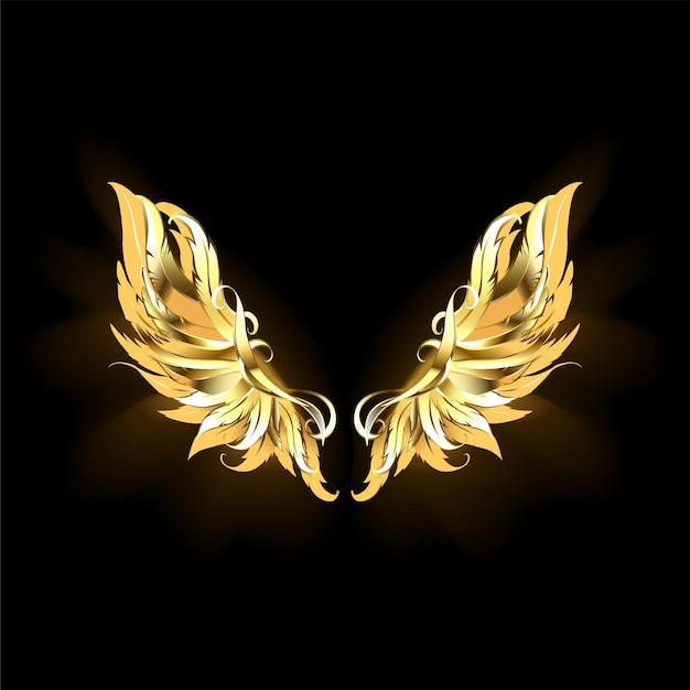 Vector alas de plumas doradas. alas resplandecientes. alas de ángel del paraíso. alas de llama