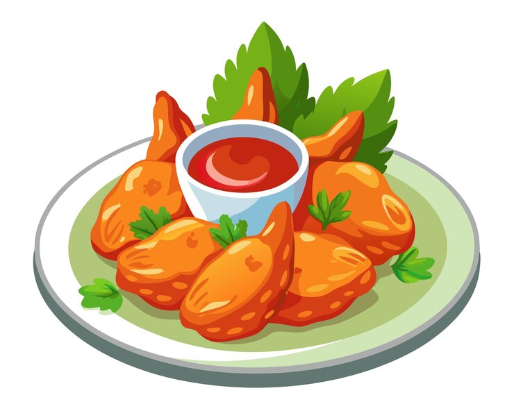 Vector alas de pollo al estilo asiático y salsa de tomate en un plato con fondo blanco