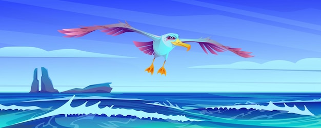 Albatros vuela sobre el mar Vista panorámica del océano con grandes olas isla rocosa en el horizonte Vuelo de albatros de vida silvestre marina en hábitat natural Personaje de dibujos animados Ilustración vectorial